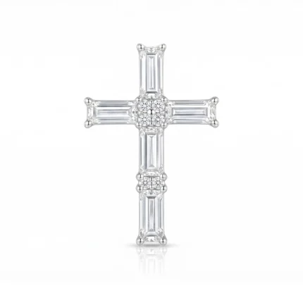Cross-shaped diamond jewelry with baguette-cut stones and a central cluster of round diamonds on a white background