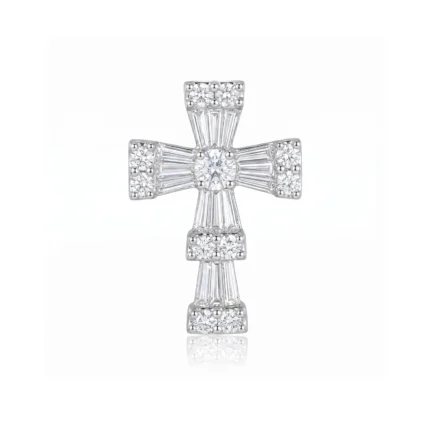 Diamond cross pendant set with round and baguette-cut stones on a white background