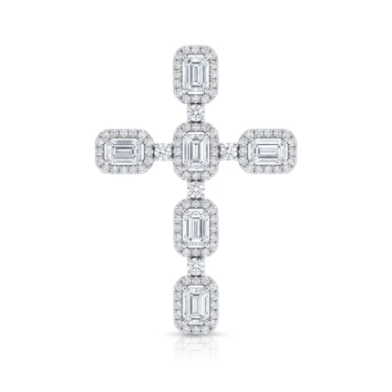 Cross-shaped diamond pendant with emerald-cut diamonds framed by pavé halos on a white background.