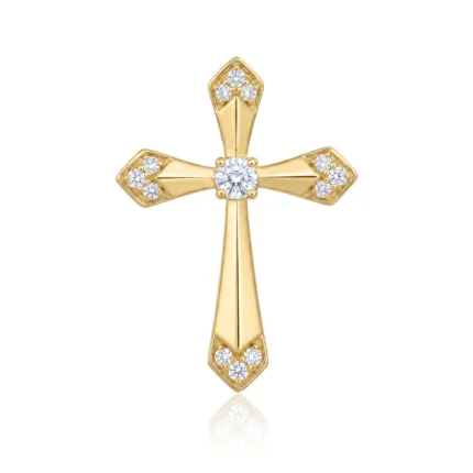 Gold cross pendant with a central diamond and smaller diamonds at each arm tip, set in a polished metal finish against a white background.
