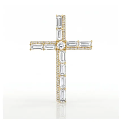 Gold cross pendant adorned with rectangular baguette diamonds along the arms and a central round diamond at the intersection.
