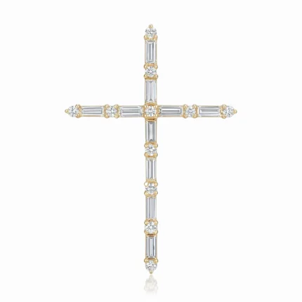 Gold cross pendant set with baguette-cut and round diamonds on a white background