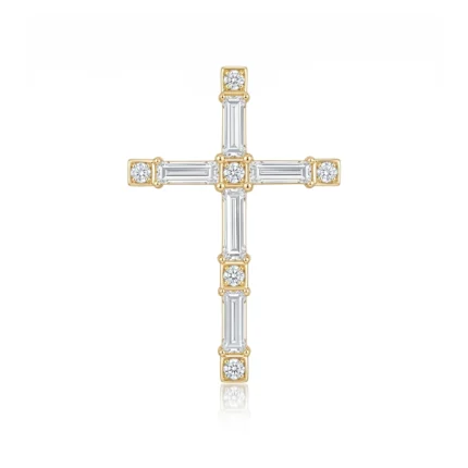 Gold cross pendant encrusted with diamonds on a white background