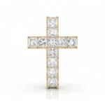Gold cross pendant encrusted with square-cut diamonds on a white background