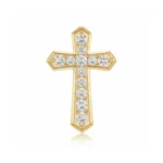 Gold cross pendant set with diamonds in a vertical row and along the arms, on a clean white background.