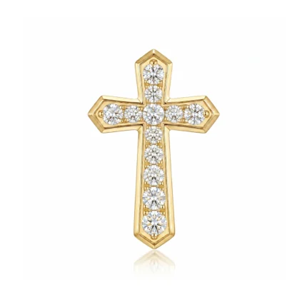Gold cross pendant set with diamonds in a vertical row and along the arms, on a clean white background.