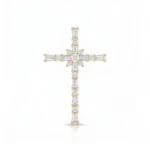 Gold cross pendant encrusted with diamonds on a white background (jewelry image).