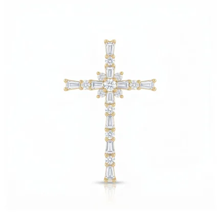Gold cross pendant encrusted with diamonds on a white background (jewelry image).