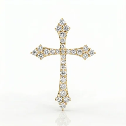 Diamond-studded gold cross pendant on a pale background, with round diamonds along both arms and center