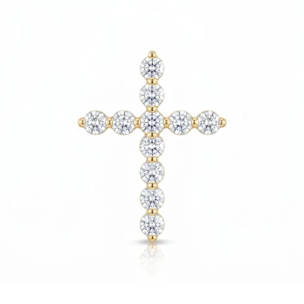 Gold cross pendant made of round diamonds set in bezels, centered and vertical with a mirrored reflection below