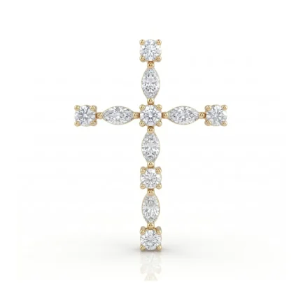 Gold cross pendant set with alternating round and marquise diamonds.