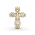 Gold cross pendant encrusted with diamonds, central flower motif, on a white background