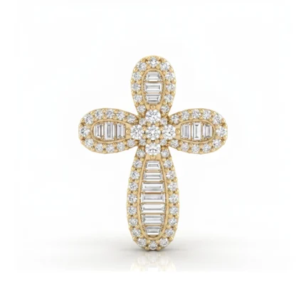 Gold cross pendant encrusted with diamonds, central flower motif, on a white background