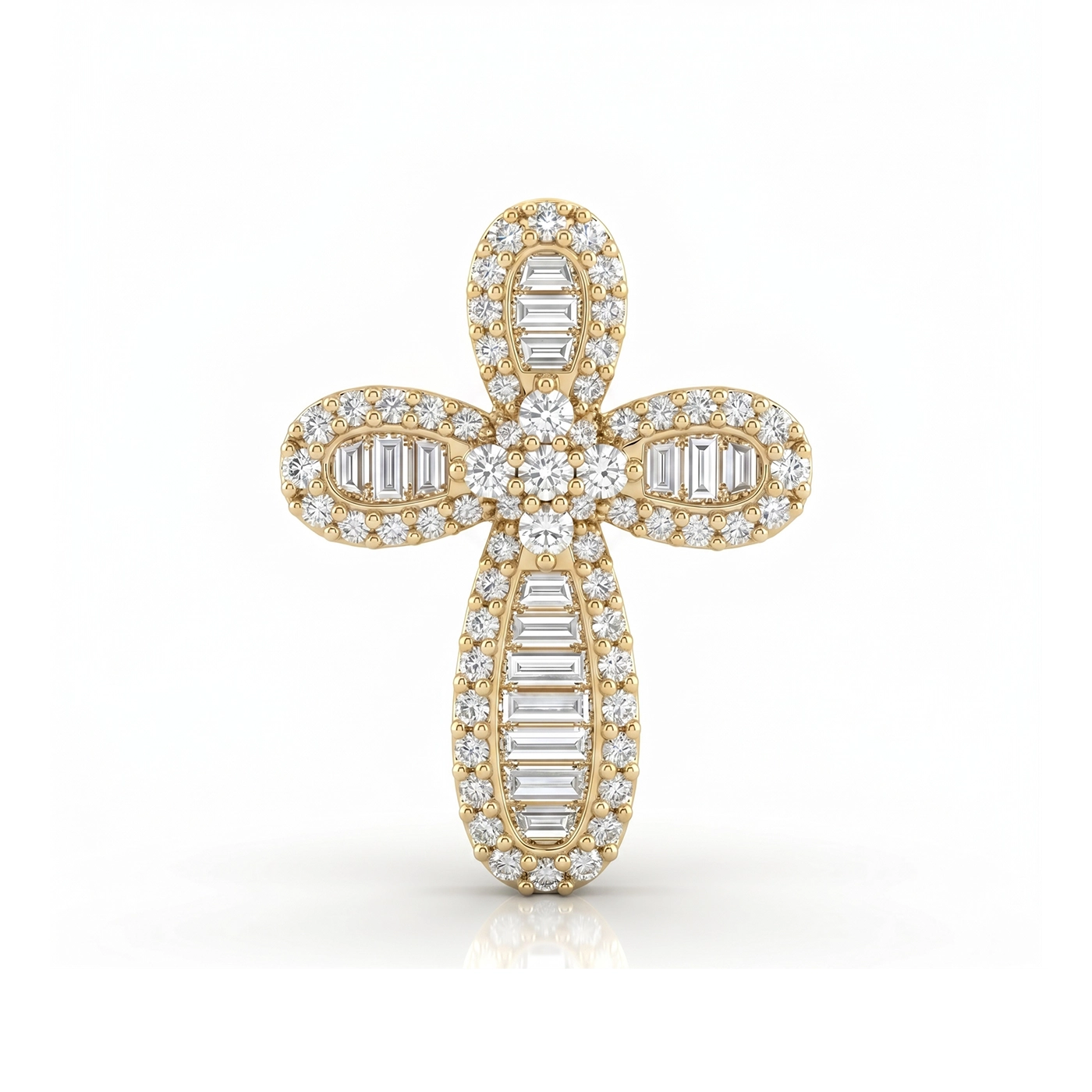 Златен кръст с диаманти DITANI жълто злато6 - DITANI Gold cross pendant encrusted with diamonds, central flower motif, on a white background