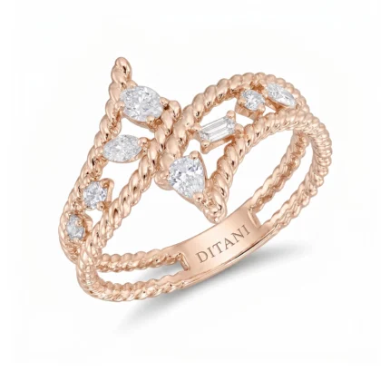 Rose gold braided ring with diamond-studded leaf motifs and a central diamond cluster; 'DITANI' engraved inside the band.
