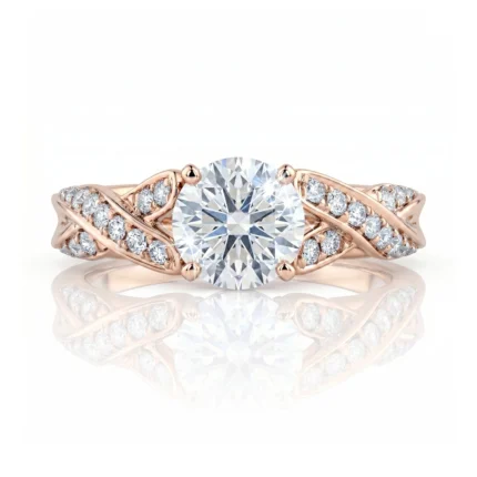 Rose gold engagement ring with a large round diamond and pavé diamonds along a twisted band.