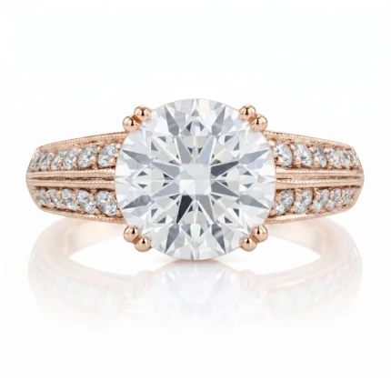 Rose gold engagement ring with a large round-cut center diamond and pavé diamonds along the band.