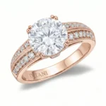 Rose gold ring with a large round-cut center diamond and pave-set diamonds along the band, milgrain detailing visible on the sides.