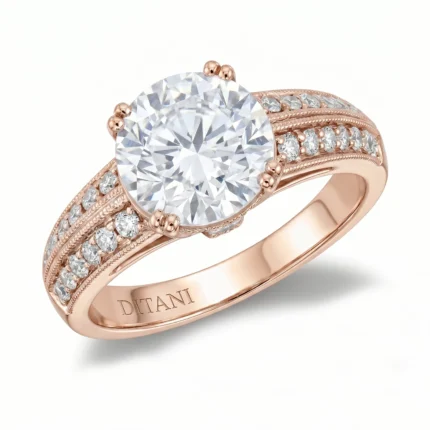 Rose gold ring with a large round-cut center diamond and pave-set diamonds along the band, milgrain detailing visible on the sides.