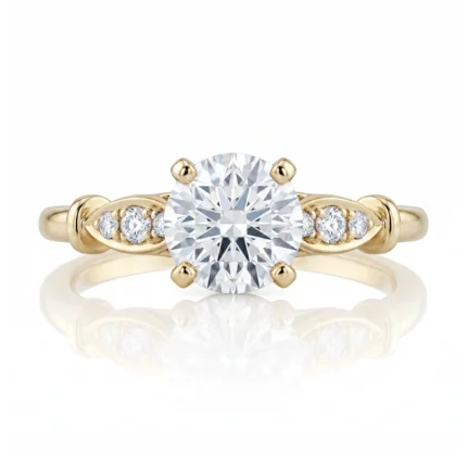 Gold ring with a large central round diamond and small side diamonds set in each side, on a polished band.
