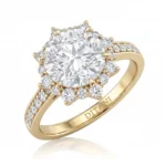 Gold ring with a large round center diamond surrounded by a halo of smaller diamonds; inner band engraved 'DITANI' (engagement ring).