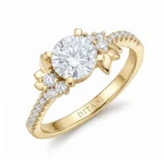 Gold ring with a large central diamond and side diamond accents arranged in a floral pattern; engraved 'DITANTI' on the band (engagement ring).