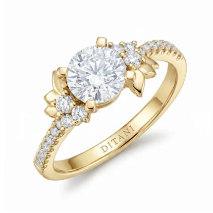 Gold ring with a large central diamond and side diamond accents arranged in a floral pattern; engraved 'DITANTI' on the band (engagement ring).