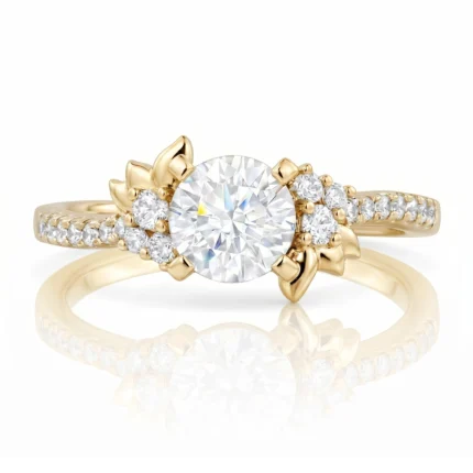 Gold ring with a large center diamond and two petal-like gold accents, surrounded by small diamonds along the band