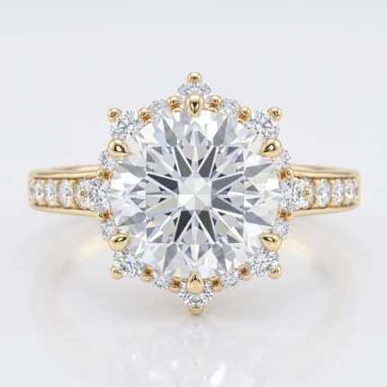 Gold ring with a large round center diamond surrounded by a halo of smaller diamonds on a pavé-set band,