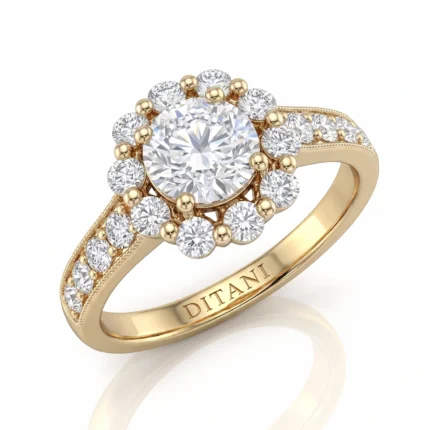 Gold ring with a large central round diamond surrounded by a halo of smaller diamonds; ornate beaded detailing along the band and engraving 'DITANI' on the inner side