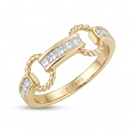 Gold ring with twisted rope links and diamond-encrusted segments, inner band engraved 'DITANI'