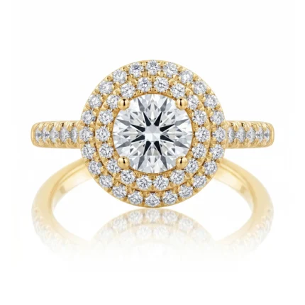 Gold ring with a large central diamond surrounded by two concentric halos of smaller diamonds on a pavé band.
