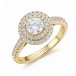 Gold ring featuring a large center diamond encircled by two halos of smaller diamonds and a pavé diamond band on the shank”,