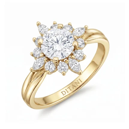 Gold ring with a large central diamond surrounded by smaller diamonds in a floral halo design