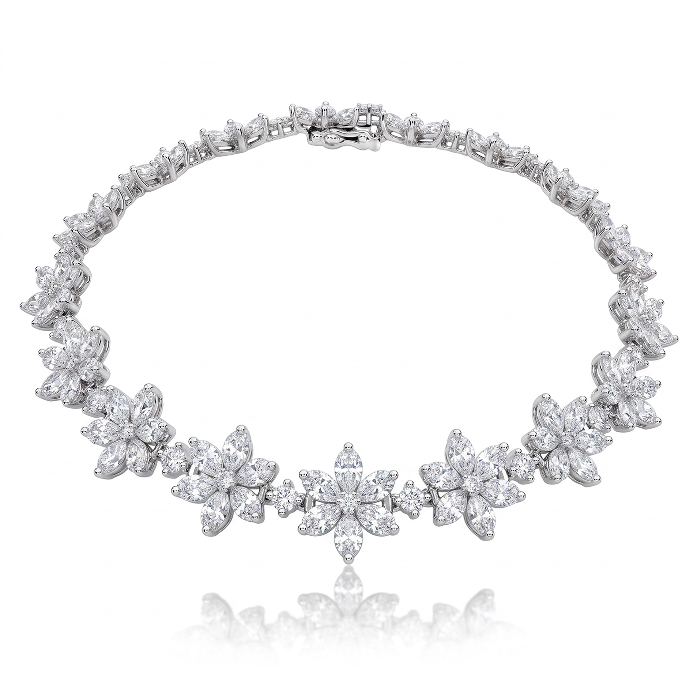Златна гривна с диаманти DITANI - DITANI Diamond-studded floral bracelet with clustered flower motifs on a white background, close-up view