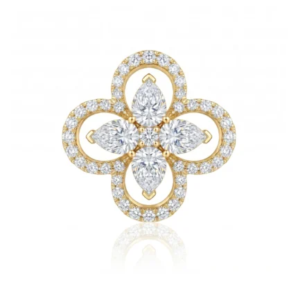 Gold flower-shaped diamond pendant with a halo of small diamonds around each petal and a central cluster of larger stones.