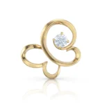 Gold ring with a large round diamond set in a sculptural, looping band design for a decorative look.