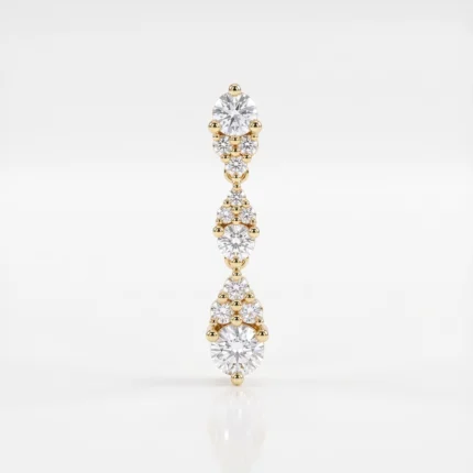 Gold drop earring featuring a vertical cascade of round diamonds set in gold beads and links.