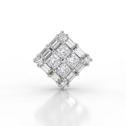 Diamond cluster pendant in white gold with a central round diamond surrounded by smaller diamonds in a square grid, on a white background.