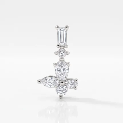 Silver pendant featuring a vertical row of diamonds transitioning into a four-diamond flower at the bottom, set in a polished metal (likely white gold) against a white background