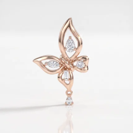 Rose gold butterfly pendant with diamond accents on each wing and a dangling diamond drop.