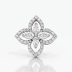 Diamond-studded flower-shaped ring with four petal lobes and a central marquise diamond cluster