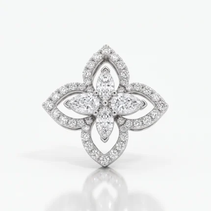 Diamond-studded flower-shaped ring with four petal lobes and a central marquise diamond cluster