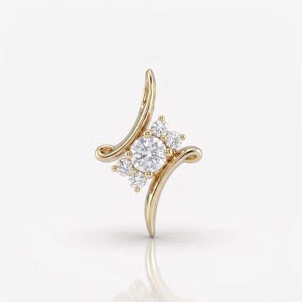 Gold pendant featuring a central diamond flanked by smaller diamonds in a curved, cross-like cluster.