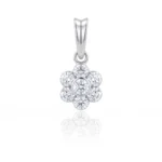 Silver flower-shaped pendant with seven round diamonds set in a circular cluster, on a polished bail