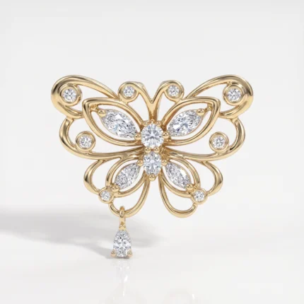 Butterfly-shaped gold pendant adorned with multiple diamonds and a dangling teardrop diamond at the bottom center.