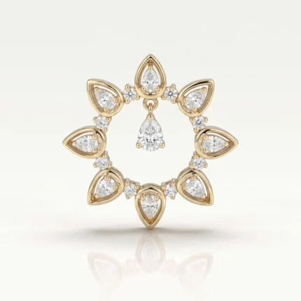 Gold circular pendant or ring featuring six teardrop-shaped diamond settings around a central hanging pear-cut diamond.