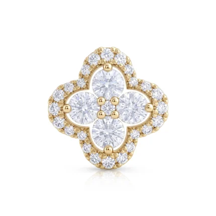 Gold four-leaf clover pendant encrusted with diamonds, set on a white background. A central cluster of diamonds forms the four-leaf shape with pavé-set stones along the edges.