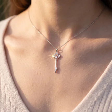 Silver key pendant necklace resting on a woman's neckline, with sunlight glinting off the pendant.