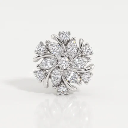 Silver floral diamond jewelry: a cluster of marquise and round diamonds set in polished metal on a white background (image shows a jewelry piece).